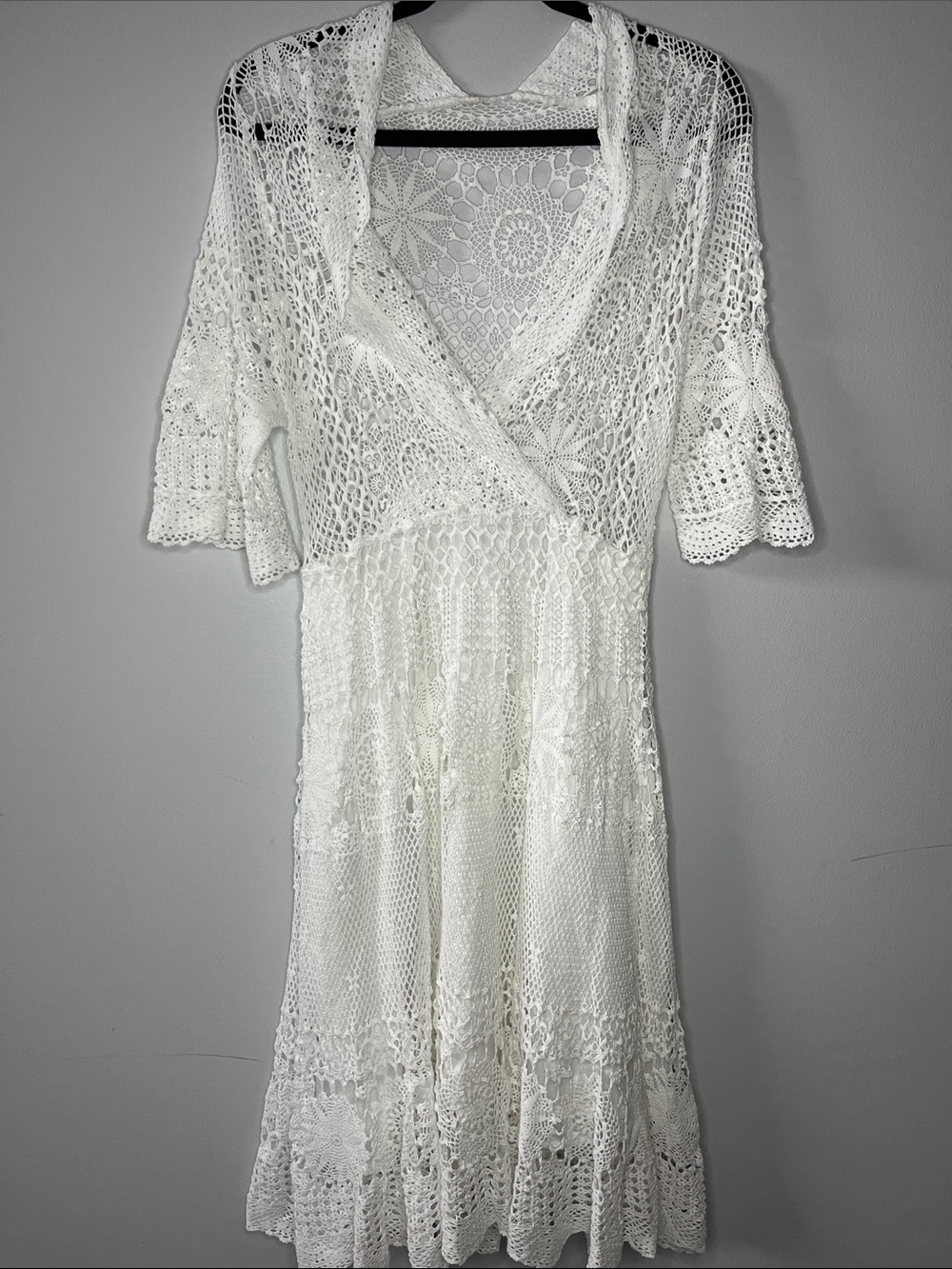 Vintage White Crochet Circular Doily design midi v-neck dress swimsuit coverup